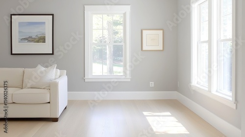 Soft grey walls paired with crisp white trim create a serene and modern atmosphere, enhancing the elegance of any space with a fresh and airy feel.