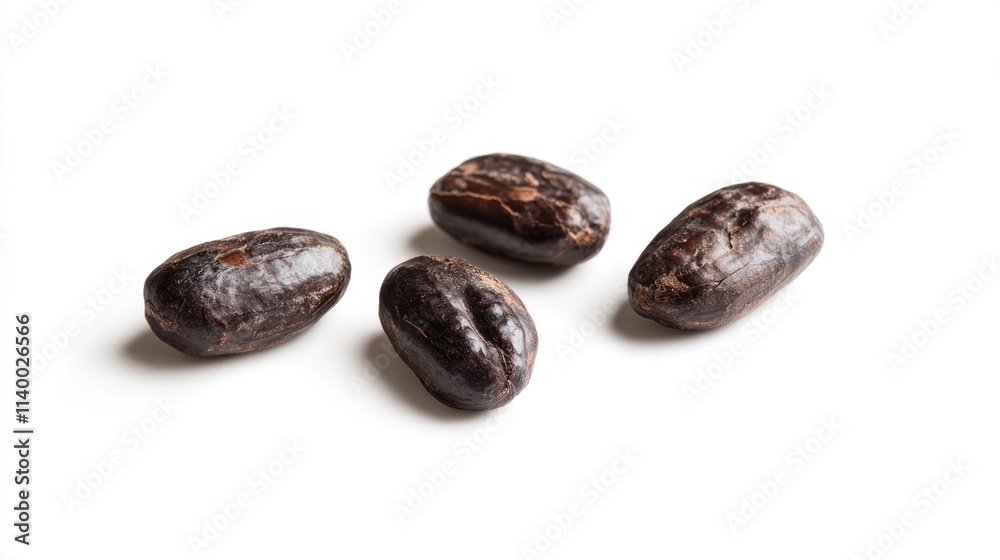 Cacao beans on a white background showcasing their rich color and texture for culinary and health-related use in products. Cacao beans on a white background showcasing their rich color and texture for culinary and health-related use in products.