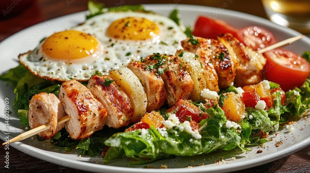 Grilled Chicken Skewers with Caesar Salad Topped with Fried Eggs and Fresh Vegetables on a Plate Grilled Chicken Skewers with Caesar Salad Topped with Fried Eggs and Fresh Vegetables on a Plate