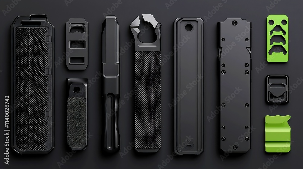 Obraz premium Sleek Metallic Tool Storage, modern matte black and brushed metal tools, designed for functionality and style, perfect for organized workspaces and contemporary decor