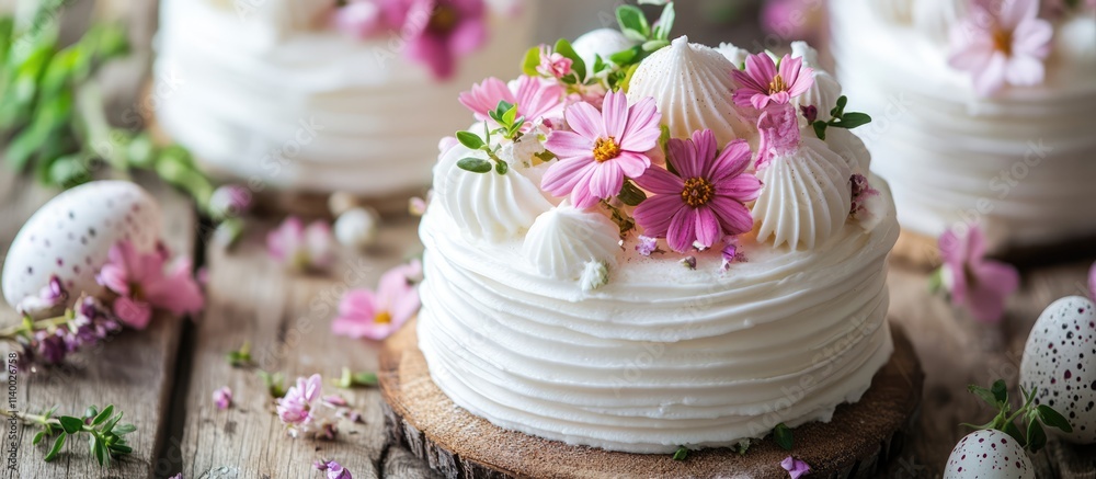 Easter themed cake decorated with pink and white meringue flowers on a rustic wooden surface with subtle floral accents and eggs Easter themed cake decorated with pink and white meringue flowers on a rustic wooden surface with subtle floral accents and eggs