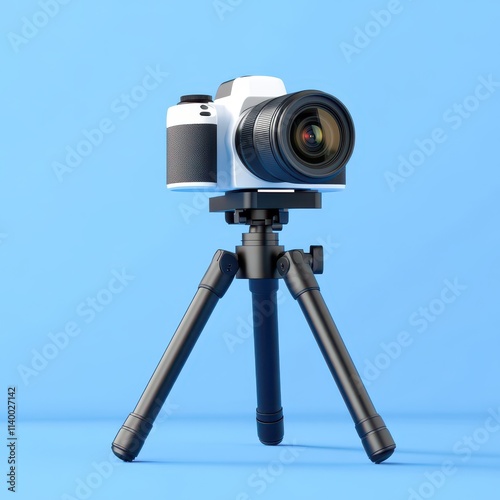 Professional Camera Setup on Tripod Against a Bright Blue Background