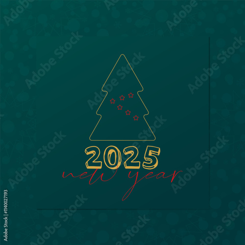 Happy New Year 2025 greeting card. Christmas tree icon with stars and snowflake background. Vector banner for celebration, congratulation, decoration, winter holiday