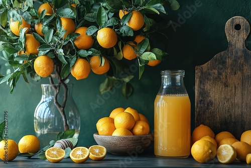 A bowl of oranges and a pitcher of orange juice photo