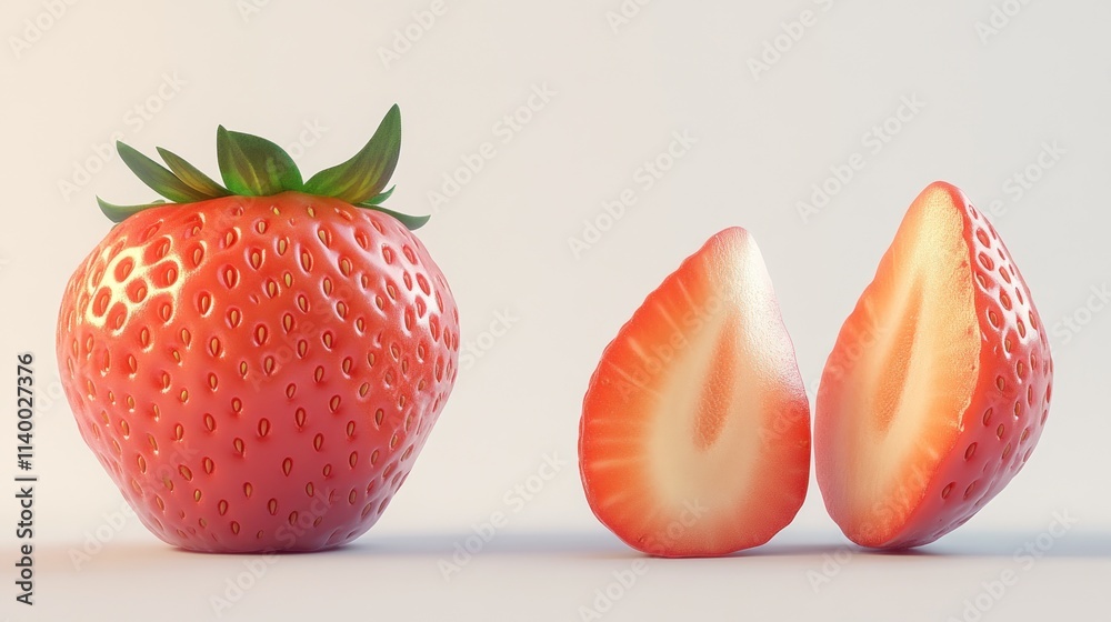 A whole strawberry next to two halves, showcasing its vibrant color and texture. A whole strawberry next to two halves, showcasing its vibrant color and texture.
