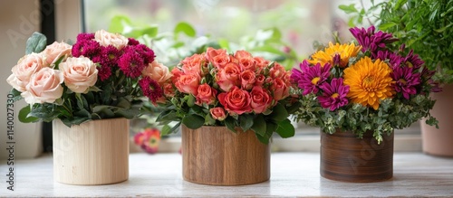 Vibrant flower bouquets featuring roses chrysanthemums and alstroemeria in rustic wooden vases beautifully displayed in a flower shop setting