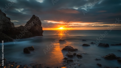 Sunset Over Cabo de Gata Natural Park with Rocky Shoreline and Dramatic Clouds Reflecting on Calm Waters