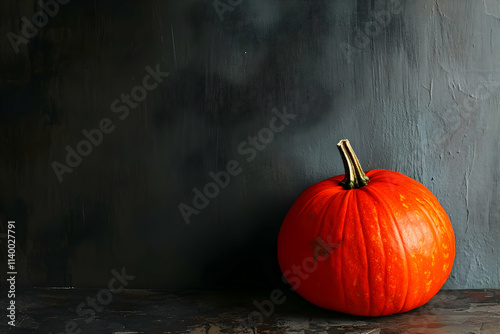 A vibrant orange pumpkin rests against a dark textured background, evoking autumn vibes. photo