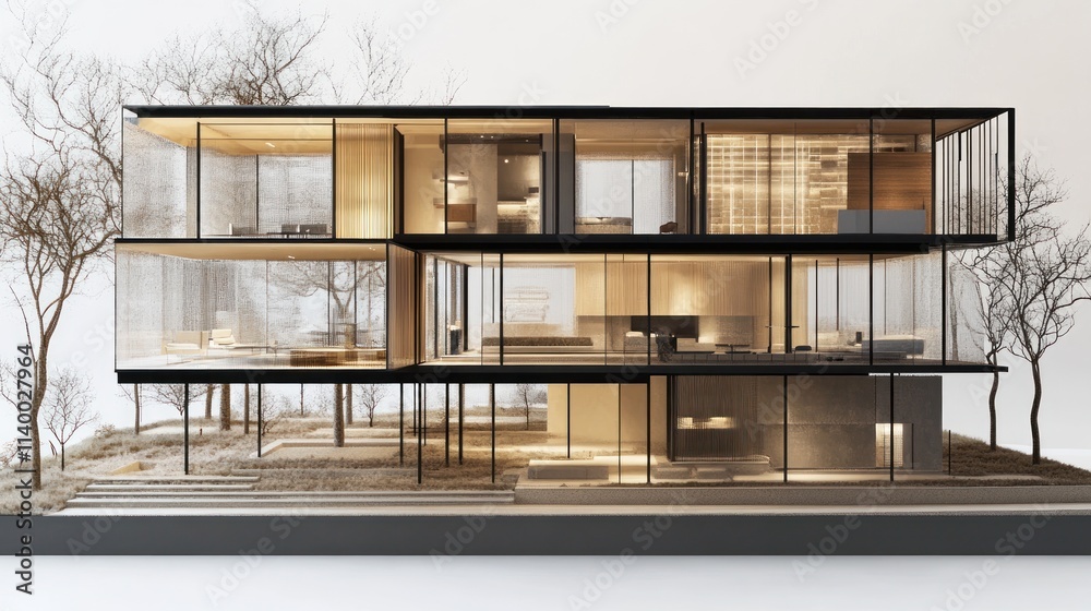 A modern architectural model showcasing a glass and wooden structure with elegant interiors.