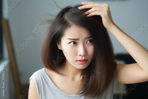 Concerned woman checking her hair for signs of thinning or damage photo