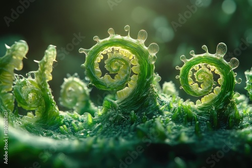 Close-up of vibrant green fern fronds unfurling in a spiral, showcasing intricate details. photo