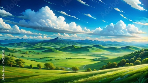 Green Hills Meadows Under Blue Sky White Clouds Panorama. AI generative 