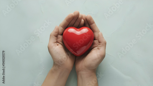 Hands Holding Red Heart on Clean Neutral Background with copy space, Love, Care, Compassion, relagious diffrence. photo