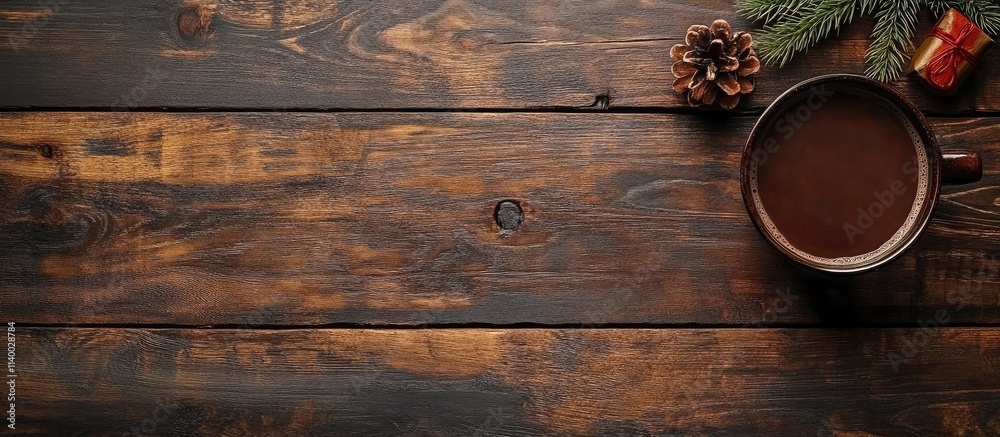 Rustic wooden table with a cup of hot chocolate surrounded by festive pinecones and decorations for a cozy Christmas atmosphere Rustic wooden table with a cup of hot chocolate surrounded by festive pinecones and decorations for a cozy Christmas atmosphere