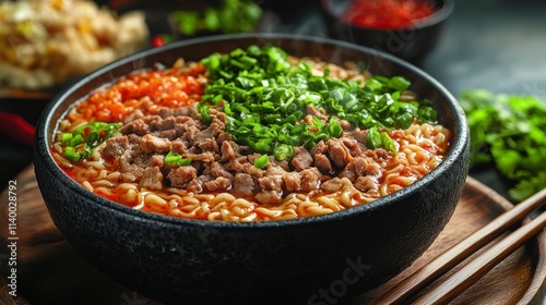 Delicious hot steaming bowl of instant ramen noodles with pork and vegetables.