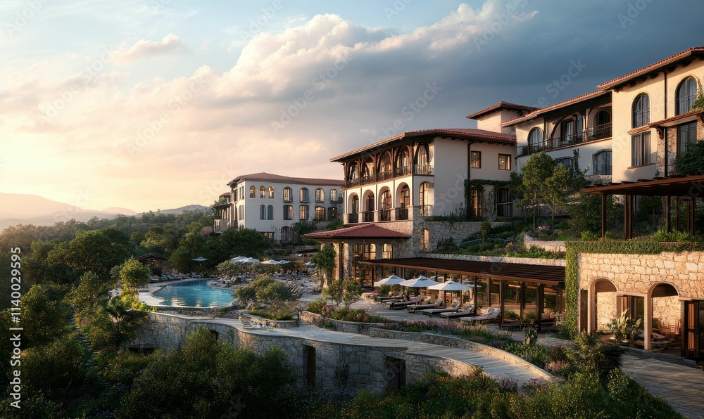 Hillside resort; pool, buildings, landscaping, sunset. Hillside resort; pool, buildings, landscaping, sunset.