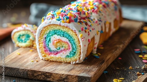 Colorful cake roll with sprinkles on a wooden board showcasing a vibrant spiral pattern and a slice beside it.