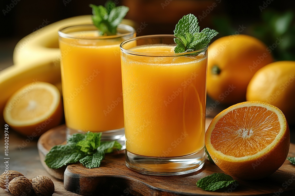 Two glasses of orange juice with a sprig of mint on top Two glasses of orange juice with a sprig of mint on top