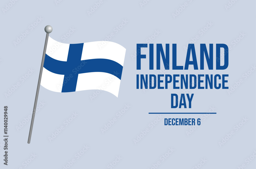 Obraz premium Finland Independence Day poster vector illustration. Finland flag on a pole icon vector. Finnish waving flag symbol. Template for background, banner, card. December 6. Important day