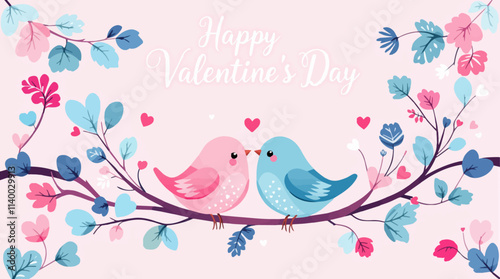 Lovebirds on branch with heart leaves and Valentine's Day script.