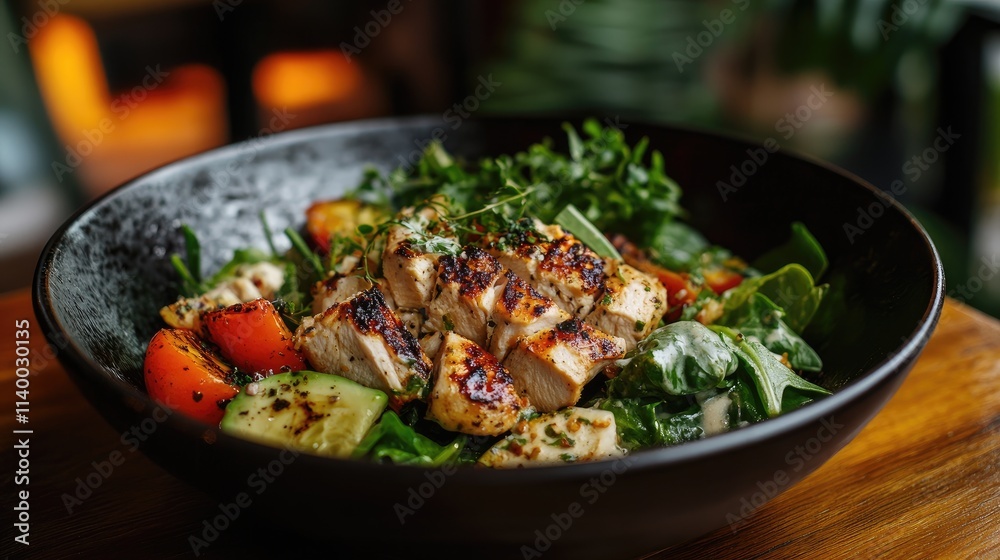 Freshly prepared Caesar salad featuring grilled chicken and vibrant greens served in a stylish bowl on a rustic wooden tabletop Freshly prepared Caesar salad featuring grilled chicken and vibrant greens served in a stylish bowl on a rustic wooden tabletop