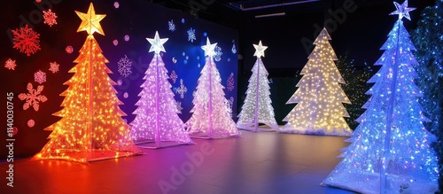 Colorful illuminated Christmas trees displayed in a festive shopping center for the holiday season celebration photo