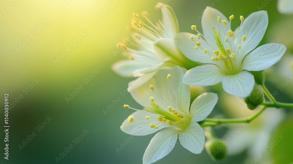 Obraz premium delicate white flowers with green background soft sunlight illuminating nature's beauty in a serene garden setting