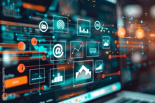 Infographic showcasing methods to leverage social media for enhancing business visibility and customer interaction. Symbols of digital marketing elements such as SEO, SEM, and SMM .