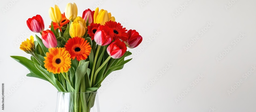 Obraz premium Colorful bouquet of gerberas and tulips in a clear vase on a neutral background bringing a vibrant touch to any decor setting
