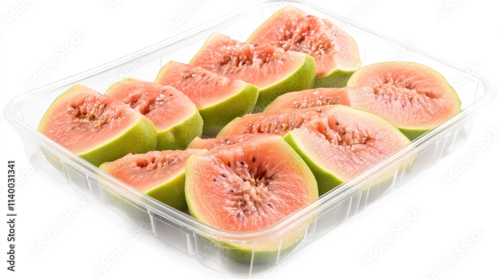 Sliced guava arranged in a clear plastic container, ready for consumption. Sliced guava arranged in a clear plastic container, ready for consumption.