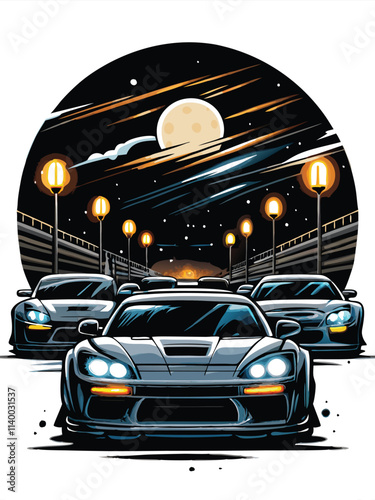Nighttime racing scene; sleek, illuminated cars speeding on a dark track, dramatic lighting, vibrant colors, intense action.