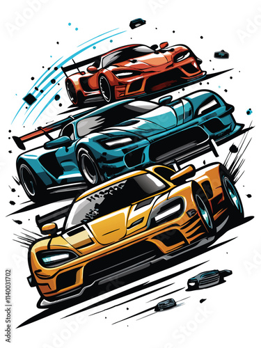 A vibrant, high-speed race on a multi-lane asphalt track, featuring numerous sleek racing cars competing intensely.  Focus on the dynamic action and speed.