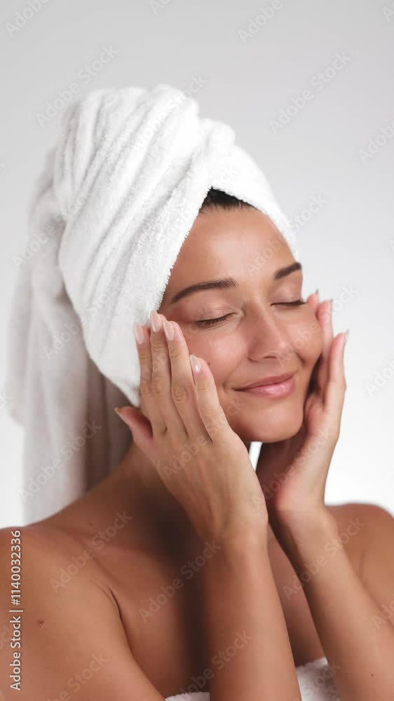 Portrait of a serene brunette woman with a towel turban, gently touching her face and smiling, showcasing glowing skin. Perfect for skincare, wellness, or beauty product promotions. Portrait of a serene brunette woman with a towel turban, gently touching her face and smiling, showcasing glowing skin. Perfect for skincare, wellness, or beauty product promotions.