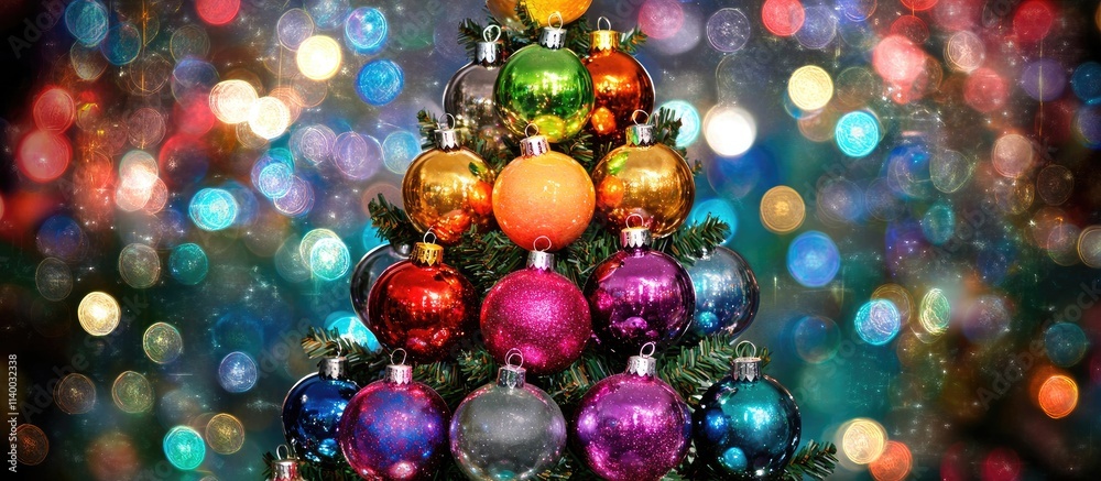 Colorful baubles on a Christmas tree with vibrant bokeh lights creating a festive and enchanting holiday atmosphere Colorful baubles on a Christmas tree with vibrant bokeh lights creating a festive and enchanting holiday atmosphere