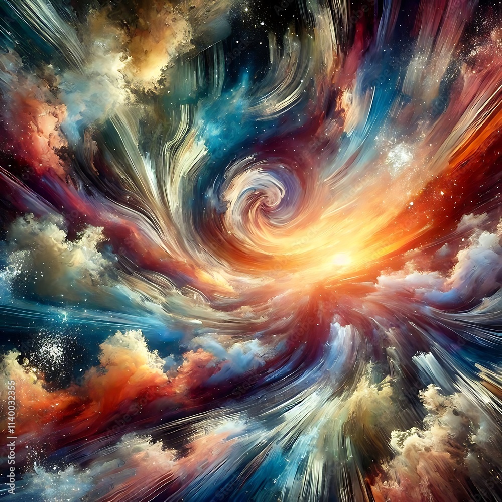 Fototapeta premium Abstract cosmic vortex of vibrant, contrasting colors and textures, suggesting universal expansion 