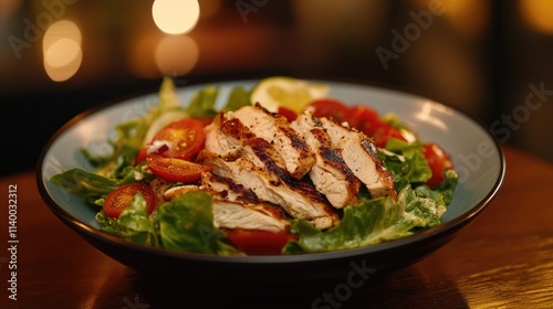 Fresh Caesar salad featuring grilled chicken and ripe tomatoes served in a stylish bowl on a wooden table with warm ambient lighting.