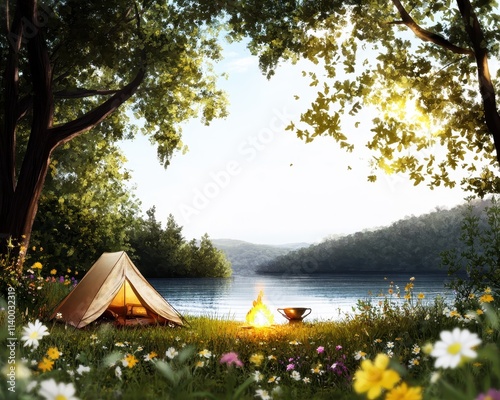 Serene Camping Scene by a Tranquil Lake Surrounded by Lush Greenery and Flowers