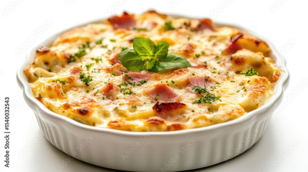 Creamy carbonara pasta with ham baked in a ceramic dish garnished with fresh herbs on a light isolated background Creamy carbonara pasta with ham baked in a ceramic dish garnished with fresh herbs on a light isolated background