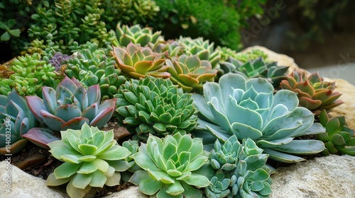 Vibrant collection of diverse succulent plants in outdoor setting showcasing natural beauty and variety in green and colorful hues