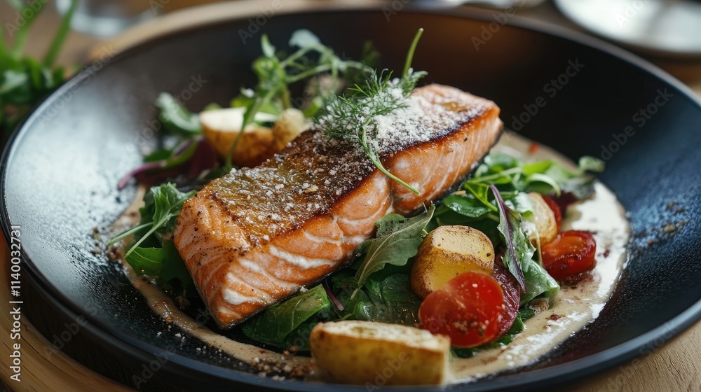 Salmon fillet on mixed greens with roasted vegetables and creamy dressing in a stylish black bowl Salmon fillet on mixed greens with roasted vegetables and creamy dressing in a stylish black bowl