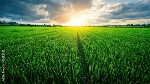 Lush green rice fields concept, A vibrant green field under a dramatic sky at sunset, showcasing nature's beauty and tranquility.