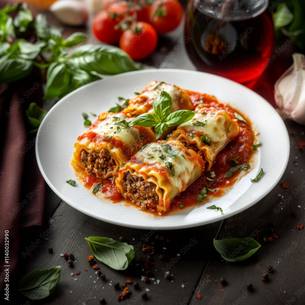 A mouthwatering food dish featuring lasagna rolls filled with cooked, crumbled beef burger patty mixed with marinara sauce. A mouthwatering food dish featuring lasagna rolls filled with cooked, crumbled beef burger patty mixed with marinara sauce.