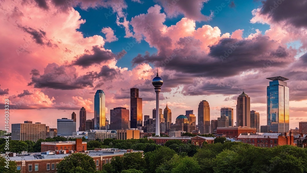 a wide view of various skyscrapers and buildings. The sky is filled with dramatic clouds, painted in hues of pink, orange, and purple, indicating a sunset or sunrise. a wide view of various skyscrapers and buildings. The sky is filled with dramatic clouds, painted in hues of pink, orange, and purple, indicating a sunset or sunrise.