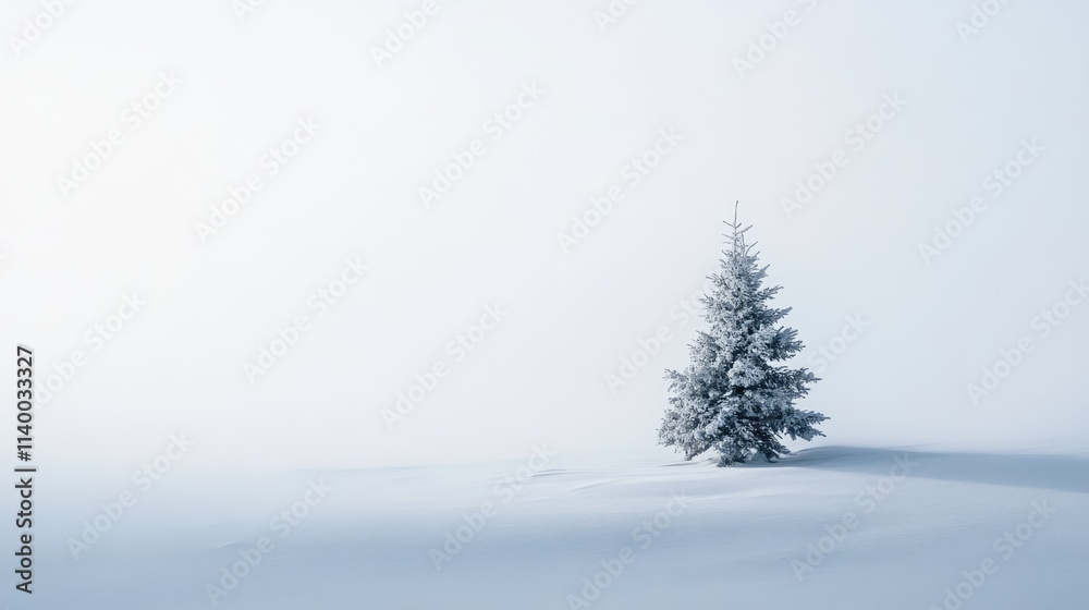 Fototapeta premium Snowy Christmas tree in a serene winter landscape under soft, overcast sky showcasing peaceful holiday ambiance and natural beauty.