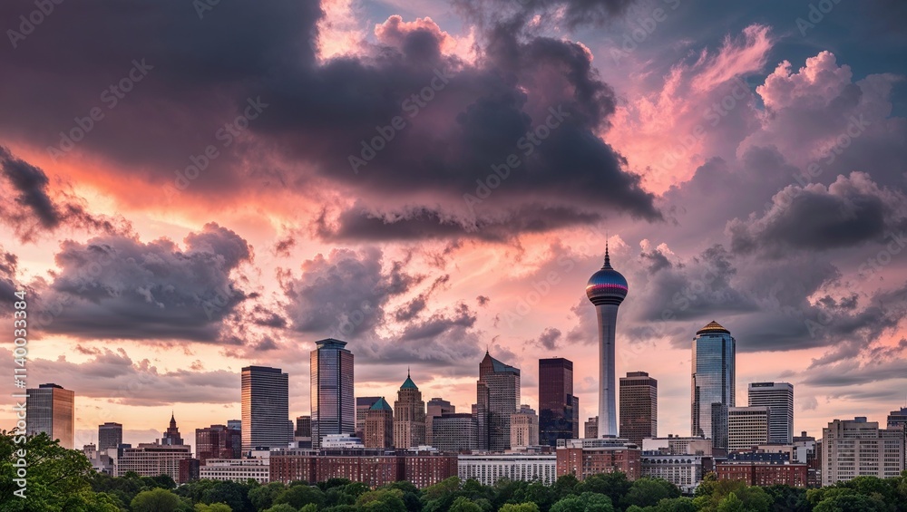 Fototapeta premium a wide view of various skyscrapers and buildings. The sky is filled with dramatic clouds, painted in hues of pink, orange, and purple, indicating a sunset or sunrise.
