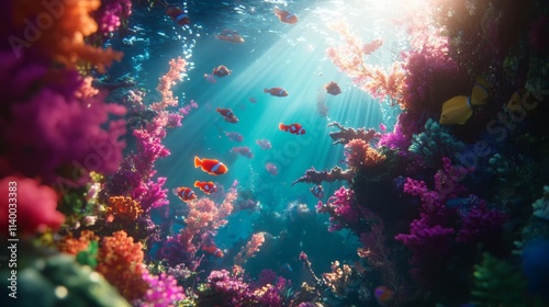 Obraz na płótnie Vibrant underwater coral reef with colorful fish swimming in sunlight, a serene aquatic scene full of life and beauty. w salonie