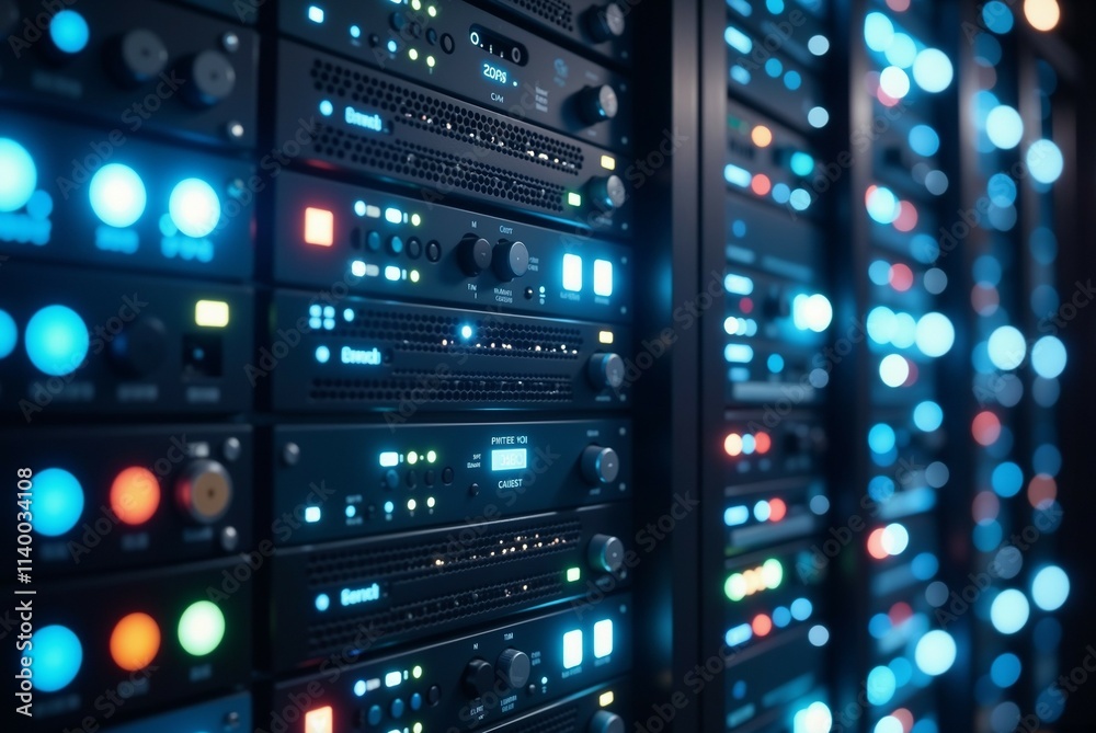 Modern data center showcasing a row of illuminated server racks in a high-tech environment Modern data center showcasing a row of illuminated server racks in a high-tech environment