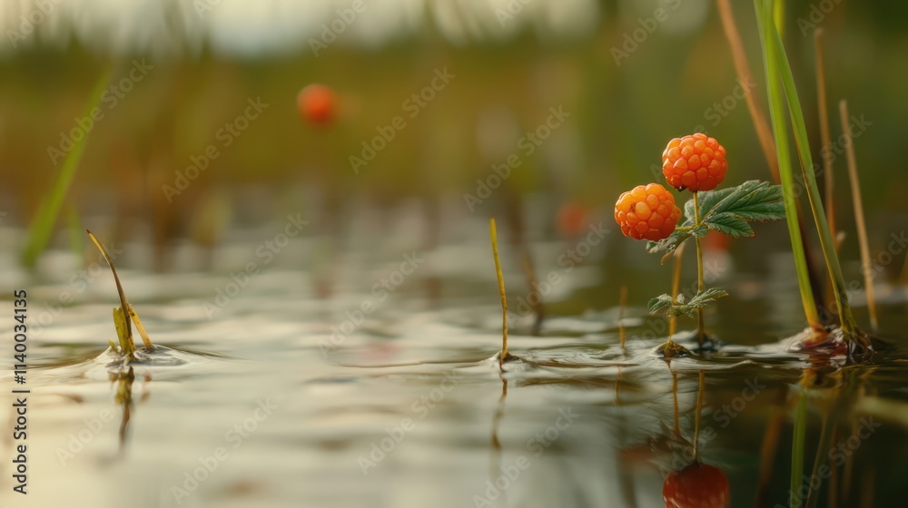 Close-up of vibrant cloudberries growing in a serene swamp environment with water reflections and lush greenery in the background Close-up of vibrant cloudberries growing in a serene swamp environment with water reflections and lush greenery in the background