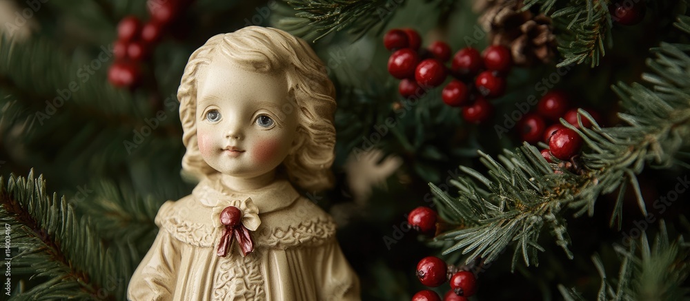 Christmas figure surrounded by fir branches and red berries creating a festive and nostalgic holiday atmosphere. Christmas figure surrounded by fir branches and red berries creating a festive and nostalgic holiday atmosphere.