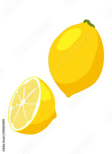 Lemon slices. Fresh citrus, half sliced lemons and chopped lemon. Cut lemon fruit slice and zest for lemonade juice or vitamin c logo. Isolated cartoon vector illustration icon